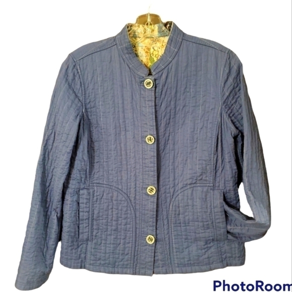 Reversible quilted blue cotton button front jacket - Picture 1 of 6